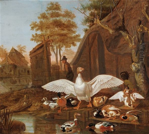Ducks By A Pond In Front Of A Farmstead by Dirck Wyntrack