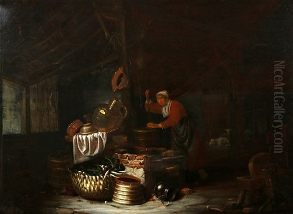Vrouw Die Water Haalt Omringd Door Koperen Melkbus, Rieten Mand, Aardewerk Potten - view 1