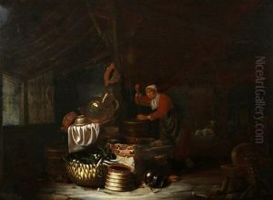 Vrouw Die Water Haalt Omringd Door Koperen Melkbus, Rieten Mand, Aardewerk Potten Vrouw Die Water Haalt Omringd Door Koperen Melkbus, Rieten Mand, Aardewerk Potten