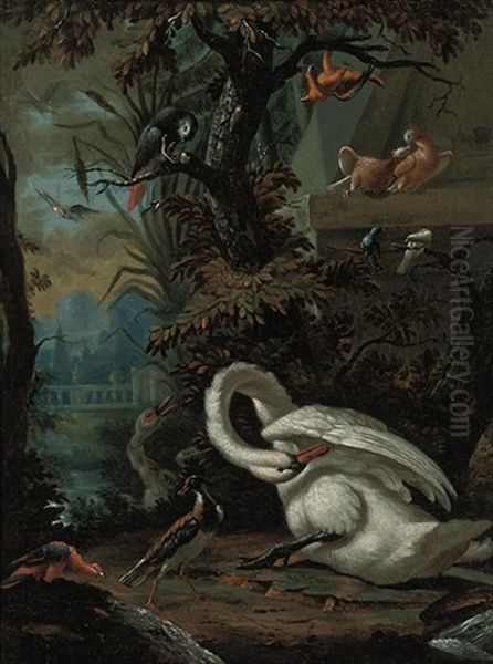Swans, Doves, Macaws, An African Grey Parrot And Other Birds In A Landscape - view 1