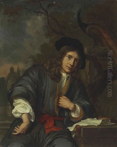 Portrait Of A Young Man, Three-quarter Length, Seated In A Garden With A Peacock - view 1