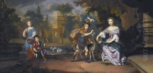 A Family Group Portrait: Two Young Girls With Their Two Brothers On The Terrace Of A Country House Near A Fountain by Mattheus Wytmans
