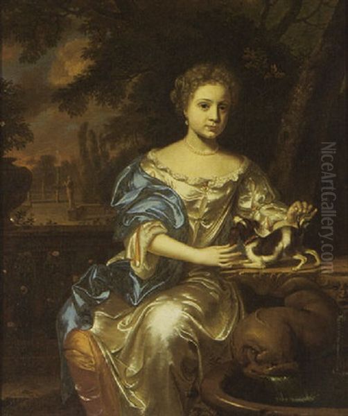 A Portrait Of A Young Lady Wearing A White Satin Dress With A Dog On A Table, With View Of A Garden Beyond - view 1