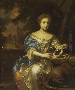 A Portrait Of A Young Lady Wearing A White Satin Dress With A Dog On A Table, With View Of A Garden Beyond by Mattheus Wytmans