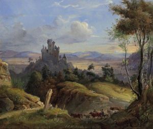 Schafer Mit Seiner Herde Vor Weiter Landschaft Mit Burganlage