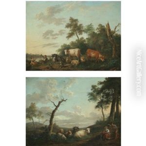 A Landscape With Peasants And Their Herd Resting Near A River (+ A Landscape With Shepherds And A Child Resting Together With Their Herd; Pair) by Franciscus Xavery