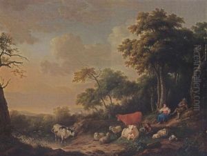 A Wooded Landscape With A Shepherd Playing A Flute And A Shepherdess Spinning Under A Tree, Their Herd Resting In The Foreground