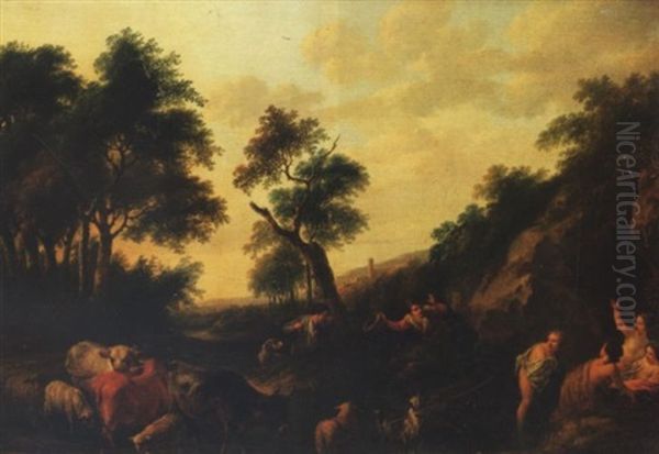 An Italianate Landscape With Shepherds Surprising Nymphs Bathing At A Stream - view 1