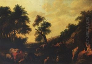 An Italianate Landscape With Shepherds Surprising Nymphs Bathing At A Stream by Franciscus Xavery