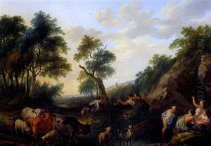 Badende Madchen In Einer Waldlandschaft Von Zwei Jungen Hirten Uberrascht