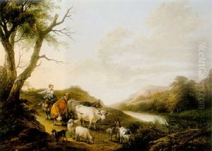 An Italianate Landscape With A Shepherd And His Herd, And A Girl Riding A Donkey