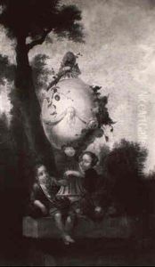 Deux Enfants Pres D'une Urne Fleurie