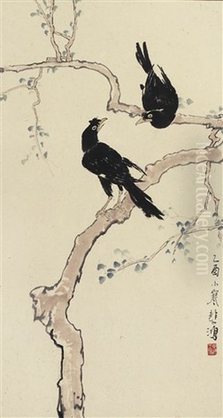 Two Mynas On A Tree Branch - view 1