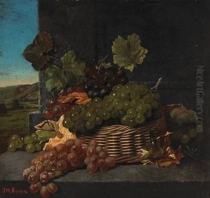A Stone Ledge With A Basket Of Grapes And Rolling Hills In The Distance by Samuel Marsden Brookes