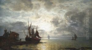 Nachtliche Meereskuste Mit Segelschiffen Bei Mondschein by Wilhelm Ferdinand Xylander