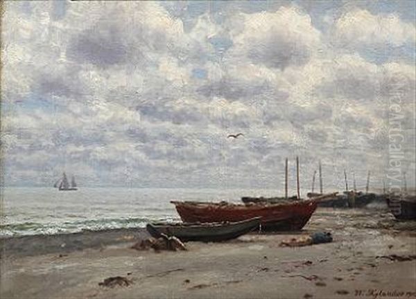 Beach Scene With Rowing Boats And A Sleeping Fisherman - view 1