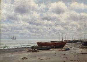 Beach Scene With Rowing Boats And A Sleeping Fisherman