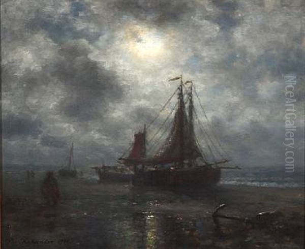 Drawn Up Fishing Boats On The Beach In Moonlight - view 1