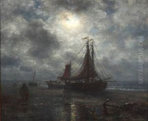 Drawn Up Fishing Boats On The Beach In Moonlight by Wilhelm Ferdinand Xylander