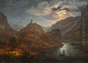 Ideal Fluvial Landscape In Moonlight by Wilhelm Ferdinand Xylander