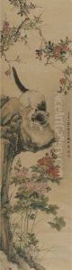 A Chinese Painting Of Cat And Flowers