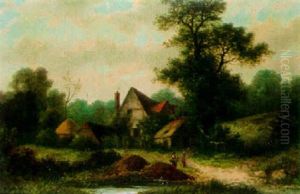 A Country View Of A Timbered House And A River With Figures In Foreground by William Henry Yates