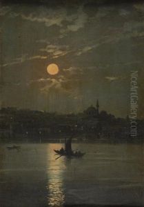 Felouques Sur Le Bosphore Au Clair De Lune by Garabet Yazmaciyan