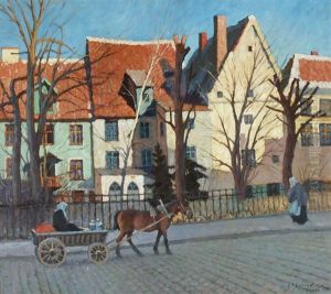 Estnische Dorfszene Mit Spazierender Bauerin Und Bauerin In Pferdefuhrwerk by Alexej Yegorov