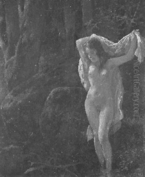Badendes Madchen In Einer Waldquelle - view 1