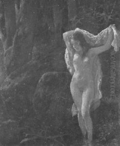 Badendes Madchen In Einer Waldquelle by Rudolf Yelin