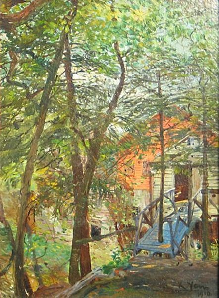 A Blue Footbridge To A Cabin In The Woods - view 1