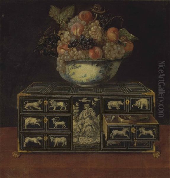 Grapes, Peaches And A Snail In A Chinese Porcelain Bowl Atop A Gilt And Inlaid Cabinet - view 1