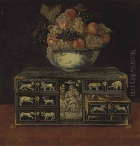 Grapes, Peaches And A Snail In A Chinese Porcelain Bowl Atop A Gilt And Inlaid Cabinet