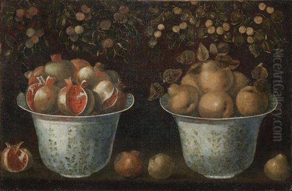 Two Bell-shaped Pots With Flared Rims With Pears And Pomegranates On A Ledge - view 1