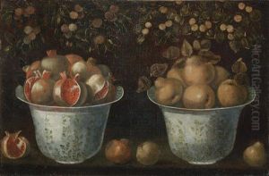 Two Bell-shaped Pots With Flared Rims With Pears And Pomegranates On A Ledge by Tomas Yepes