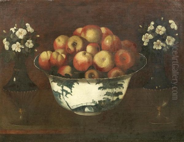 Apples In A Chinese Porcelain Bowl On A Table-top With Vases Of Flowers - view 1