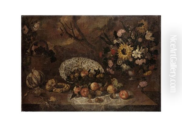 Nature Morte Au Vase De Fleurs Et Coupe De Fruits Sur Un Entablement - view 1
