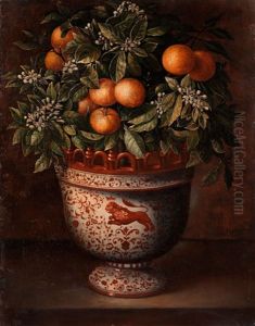 Stilleben Mit Orangenbaumchen In Einer Bemalten, Spanischen Keramikvase
