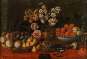 Nature Morte A La Pie, Aux Coupes De Fruits Et Bouquet De Fleurs