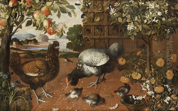 A Cockerel, A Chicken And Fledglings On A Terrace - view 1