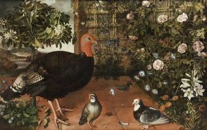 Turkey, Partridge And Pigeons On A Terrace by Tomas Yepes