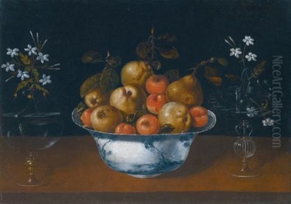 Still Life With Fruit In A Porcelain Bowl Flanked By A Pair Of Glass Vases - view 1
