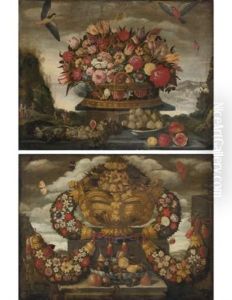A Decorative Gold Vase On A Plinth With Garlands Of Flowers And A Basket Of Flowers (pair)