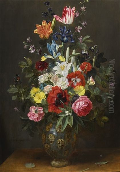 A Still Life Of Roses, Lilies, Tulips And Other Flowers In A Vase With A Butterfly - view 1
