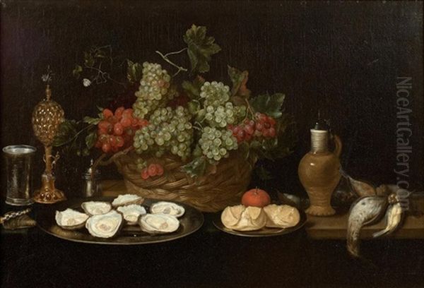 Assiette D"huitres Et Corbeille De Fruits Sur Une Table Avec Un Couteau - view 1