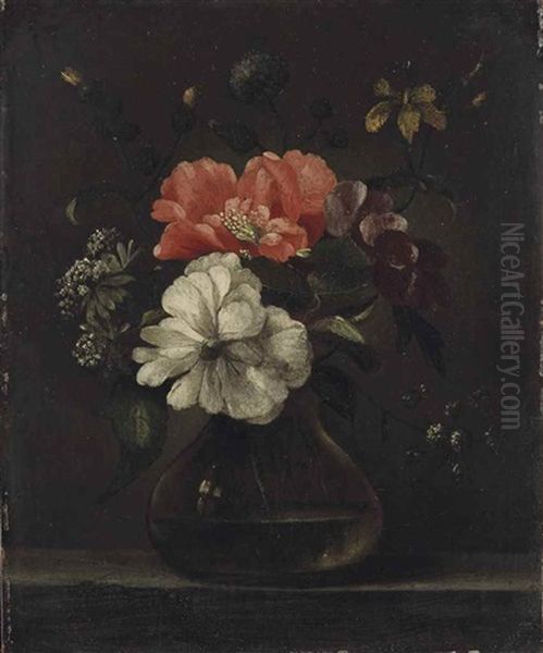 Flowers In A Glass Vase On A Stone Ledge - view 1