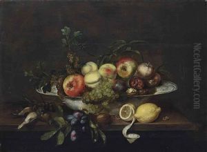 Pomegranates, Grapes On The Vine, Peaches, Figs, An Apple And Walnuts In A Porcelain Bowl, With Lemons, A Walnut, Plums And Dead Finches, On A Wooden Table by Frans Ykens
