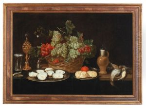 Still Life Of A Banquet With Oysters, Grapes, Dead Birds, A Stoneware Jug And Goblets