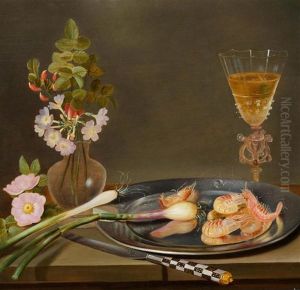 A Still Life With Flowers In A Vase, A Facon De Venise Glass And Spring Onions And Shrimp On A Silver Platter On A Table