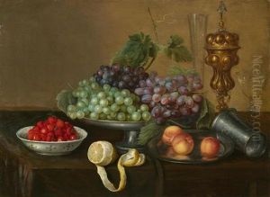 Fruchtestillleben Mit Trauben, Erdbeeren, Pfirsichen Und Zitrone Auf Einem Tisch by Frans Ykens